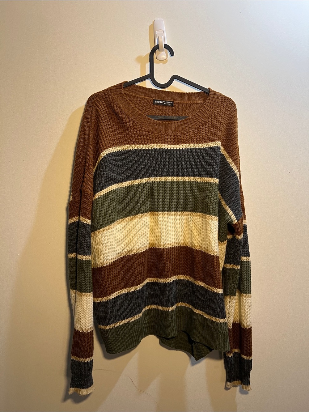 SHEIN Men's Striped Crewneck Sweater in Brown, Olive & Cream